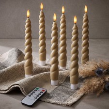 10" Flameless LED Taper Candles - Full Twisted Spiral - Sand - 6 Pack