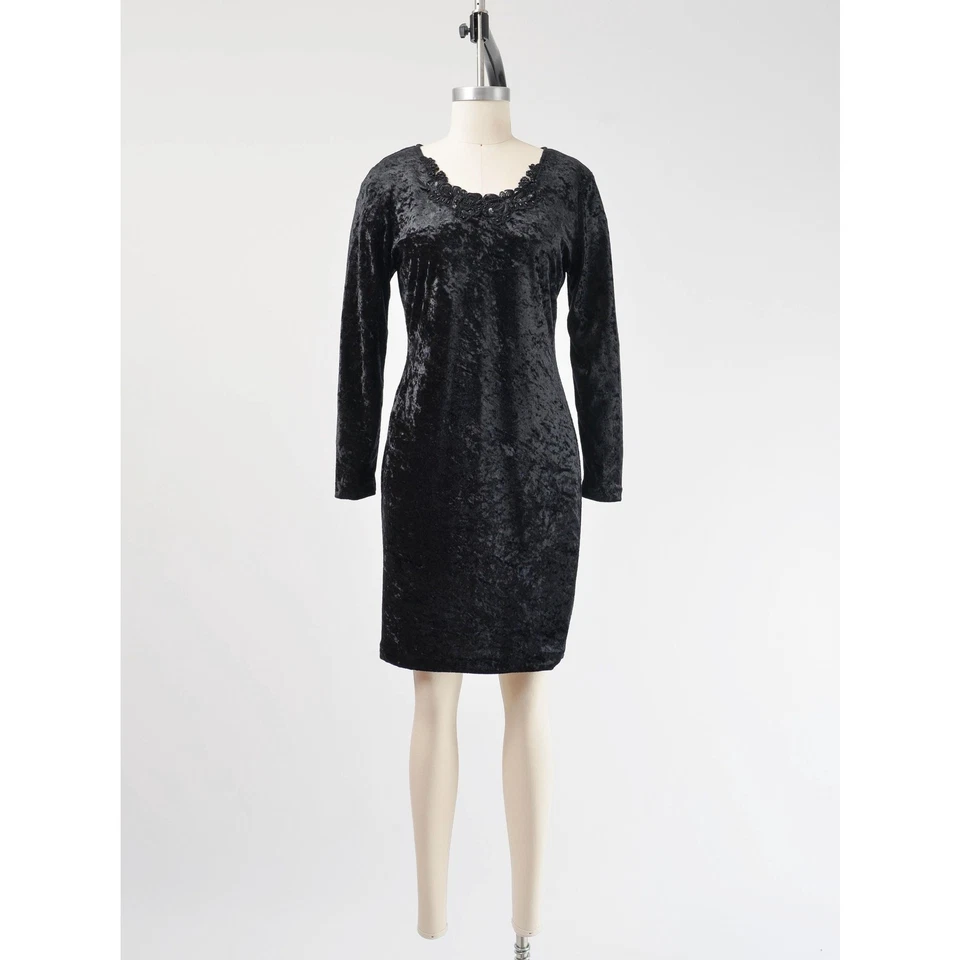 Mini Vestido Vintage Años 90 Negro Terciopelo Aplastado Elástico Body Con Cuentas Encaje S M Foto 2 de 4