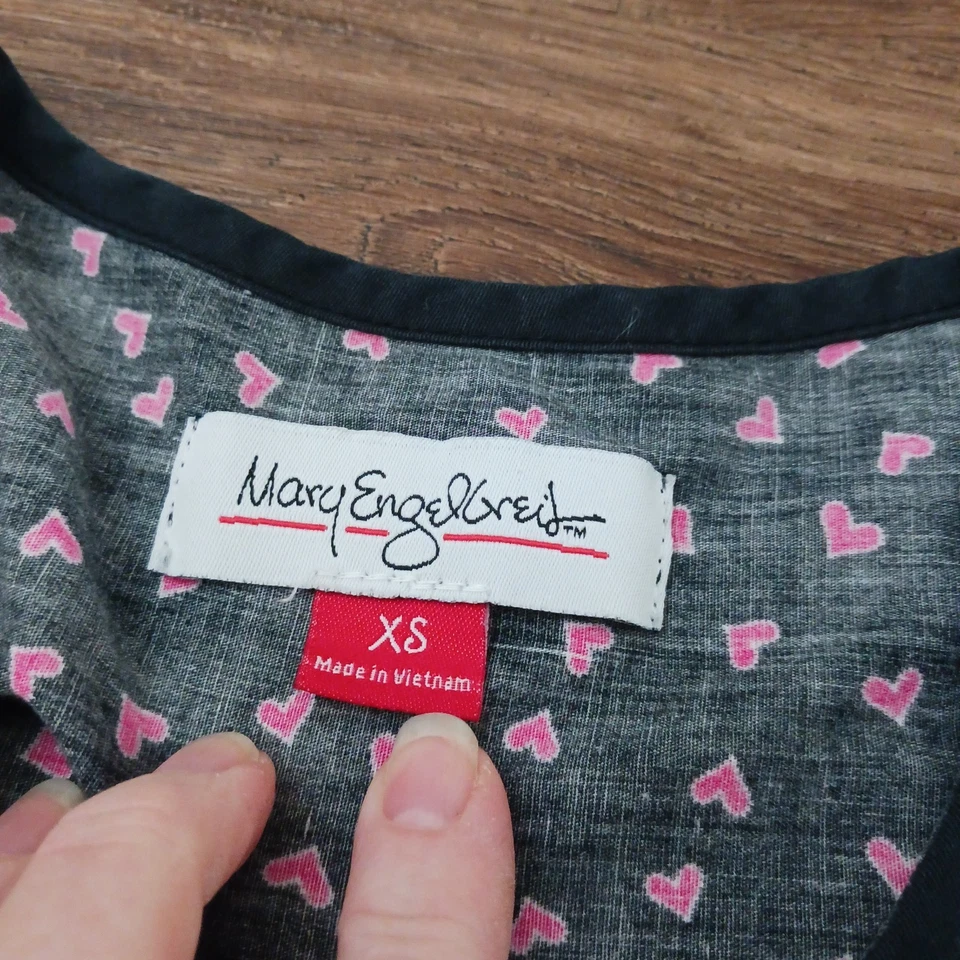 Lot of 2 MARY ENGELBREIT Size XS Medical Scrub Top Shirt Black Hears Flowers - Image 2 of 3