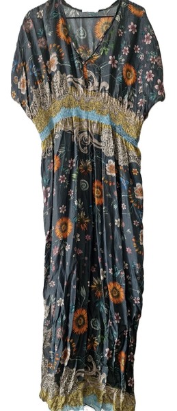 Johnny Was Maxi Kleid Grün Seide Blumen (US L)