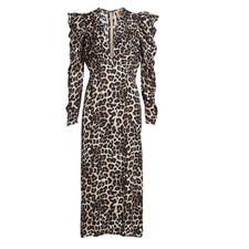 Farm Rio Ruched Leopard V-Neck Satin Midi-Dress