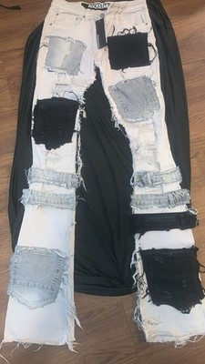 Rockstar Men s Slim Bootcut Denim Jeans White Patchwork Distressed Light Wash