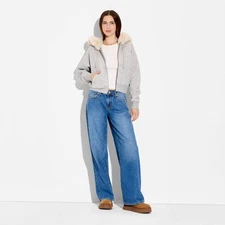 Women's Faux Fur Trim Hooded Zip-Up Sweatshirt - Wild Fable Heather Gray
