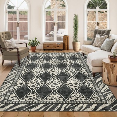 Checkered Area Rugs for Living Room 5x7 Washable, Soft Checkered Leopard Prin...