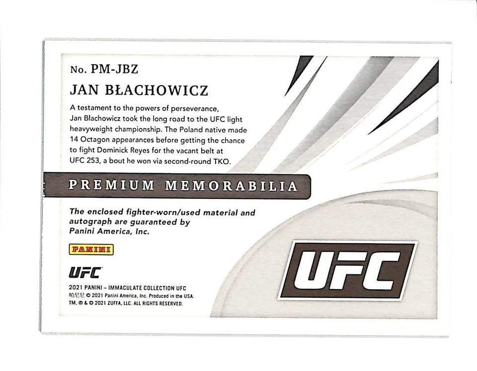 2021 PANINI IMMACULATE UFC PMJBZ JAN BLACHOWICZ AUTO MEMORABILIA 33/99 - Image 2 of 2