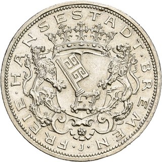 Künker: Bremen 5 Mark 1906 J Silber Top!