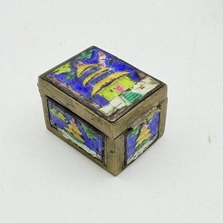 Vintage Chinese Cloisonné Enamel Brass Stamp Box Pagoda Scene Miniature Hinged