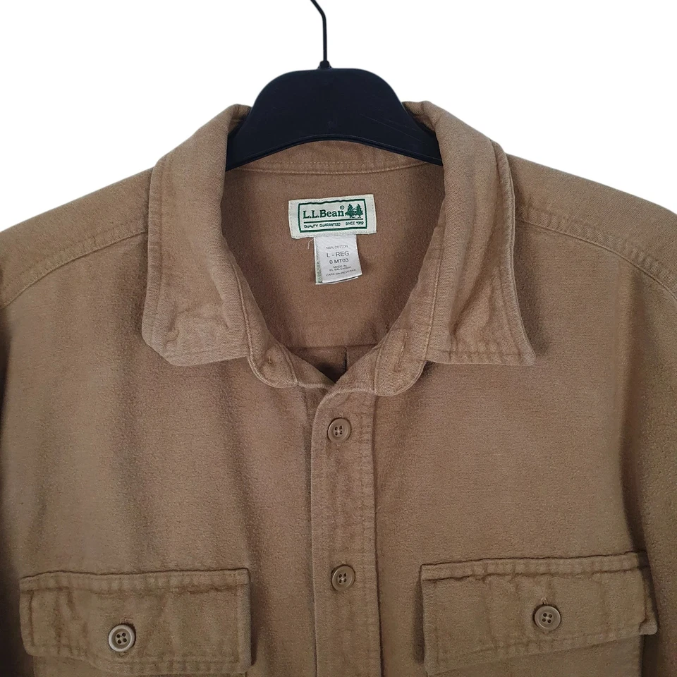 L.L.BEAN Beige Shirt Thick Chamois Long Sleeve Cotton Mens L — 第 3/4 张图片
