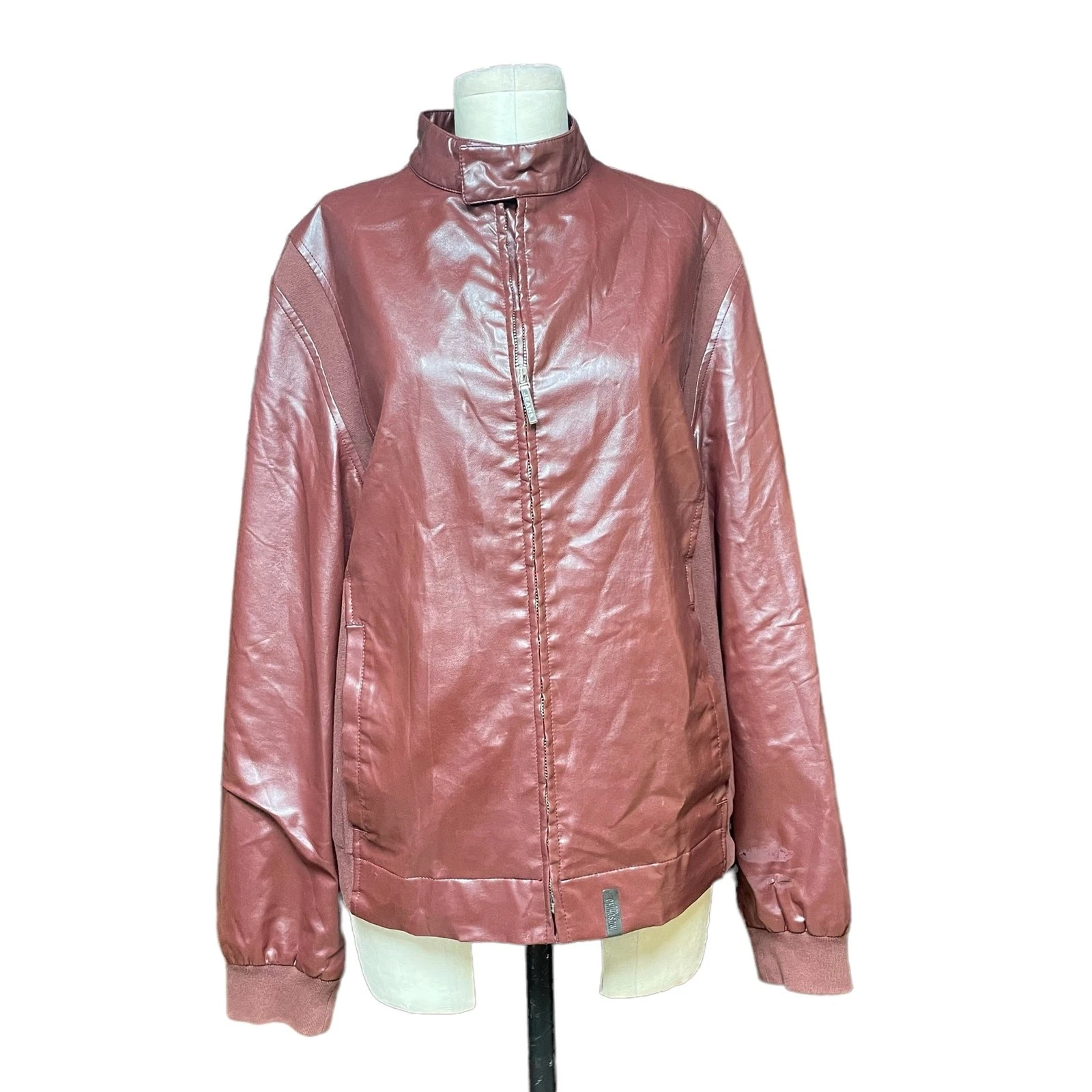 Moschino Jeans Giubbotto Bomber Uomo Marrone Rosso PVC Pelle Taglia 34