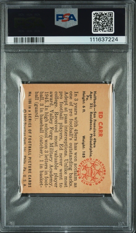 1950 Bowman Football #106 Ed Carr PSA 7 NM Well Centered Great Color Low POP! - Image 2 of 3
