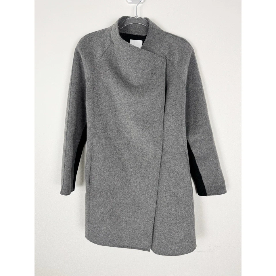 Abrigo Chaqueta Vince Mujer Pequeño Lana Gris Negro Cortina Cuello Tejido Panel Foto 2 de 4