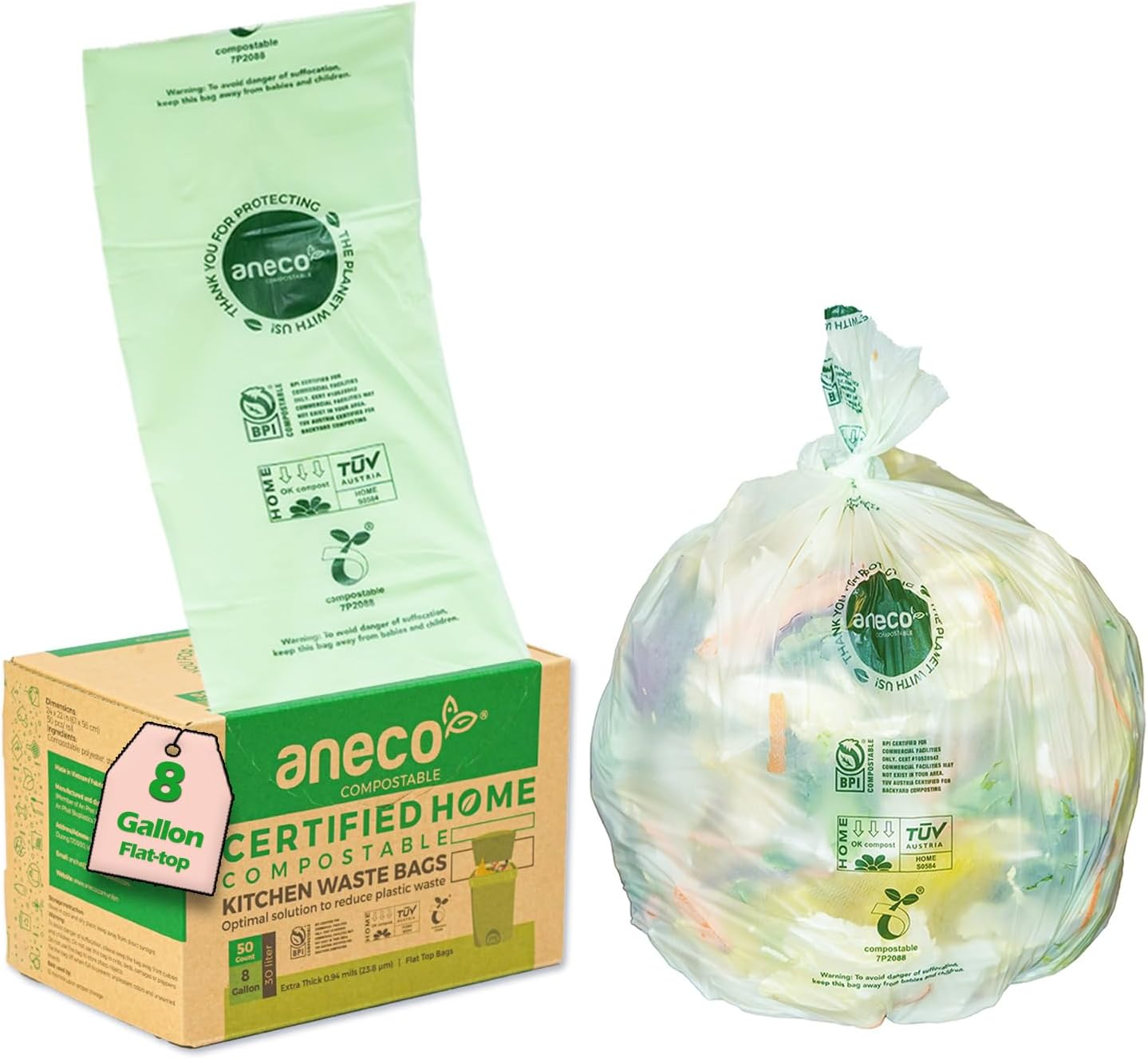 Compostable Kitchen Waste Bags 8 Gallon (Flat-Top Bags, 50 Count), Strong & Leak