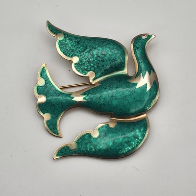 Vintage Bird Brooch James Hall Yankee Silversmith Green Light Signed 
