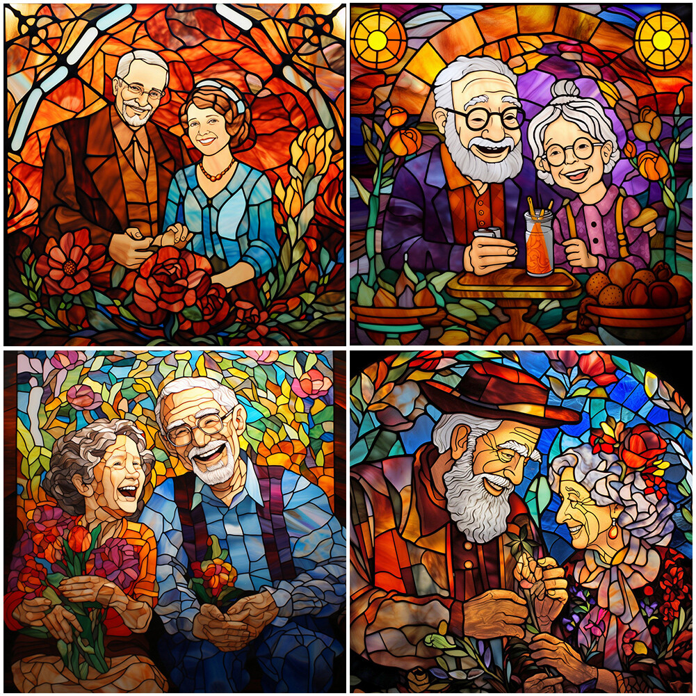 fr 5D DIY Full Round Drill Diamond Painting Elderly Couples Stained