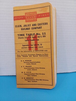 1956 Chicago E.J.&E.RY. Outerbelt Elgin Joliet and Eastern Railway Time Table