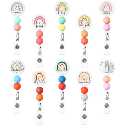 9 Pcs Be Kind Badge Reels Retractable with Silicone Beaded Beads 360 Rotating... - Picture 1 of 6