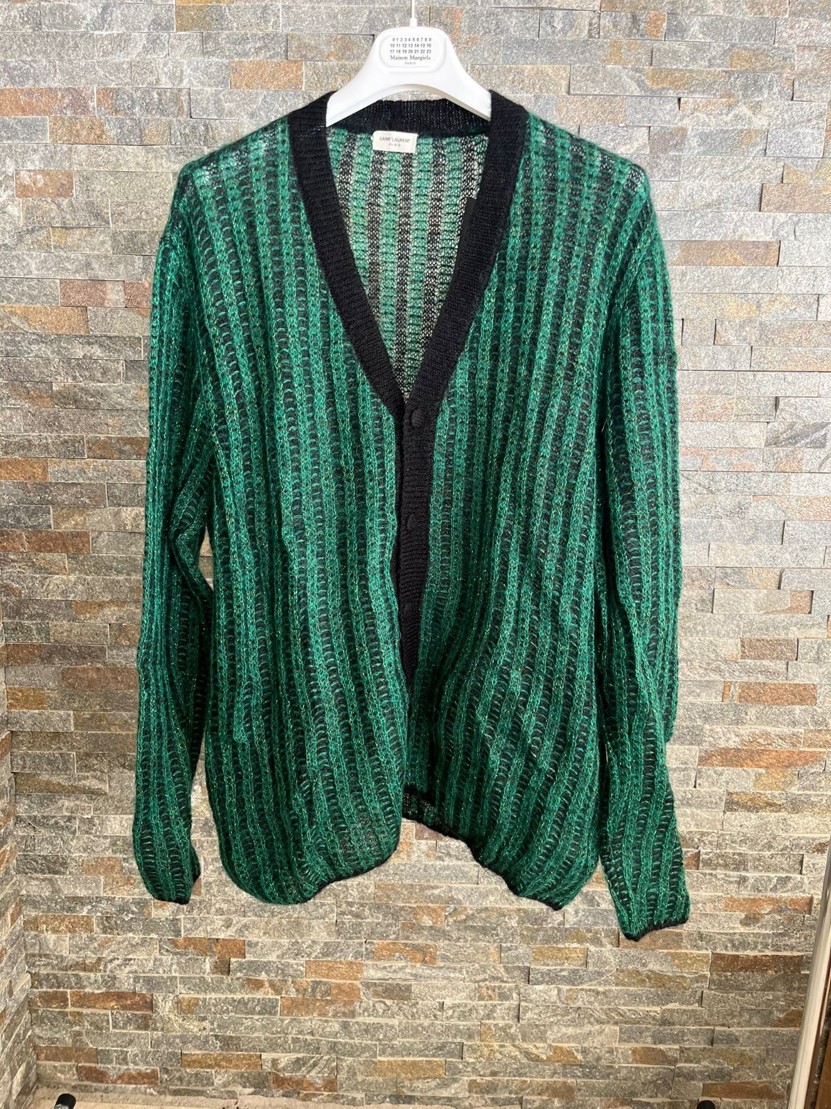 Saint Laurent Paris cardigan skate mohair verde e nero nuovo con etichette L