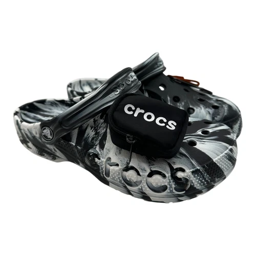 Crocs Baya Marbled Slip On Clogs Black White Pouch Carabiner Jibbitz M6 W8 New