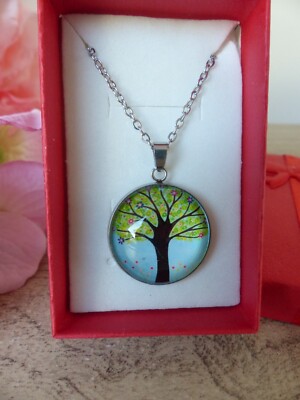 Collier Femme Pendentif Arbre de Vie Vert Fleuri Acier - Bijoux des Lys