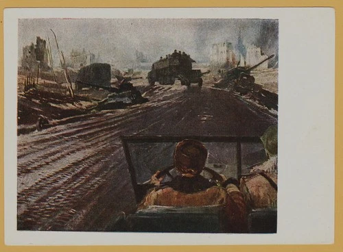 1951 WW2 Military War Soviet soldiers Frontline Road tank OLD Russian Postcard
