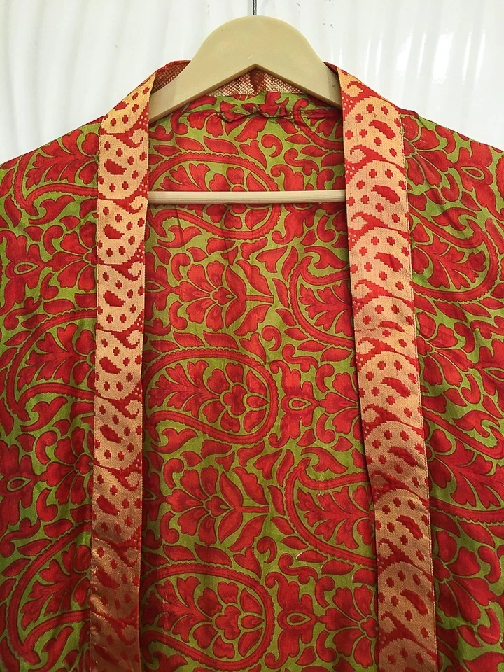 Bata kimono midi de seda pura hasta la rodilla vestido kimono de seda verde MKMO2202 Foto 3 de 4