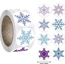 500 pc Sticker Seals Roll 1 Inch Holiday Snowflake ❄️ Round Self Adhesive NEW