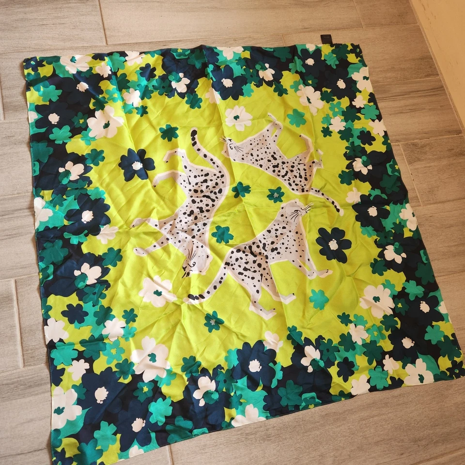 Ann Taylor Bufanda Cuadrada Amarillo Verde 100% Seda Floral Selva Tropical Blanco Loto Foto 3 de 4