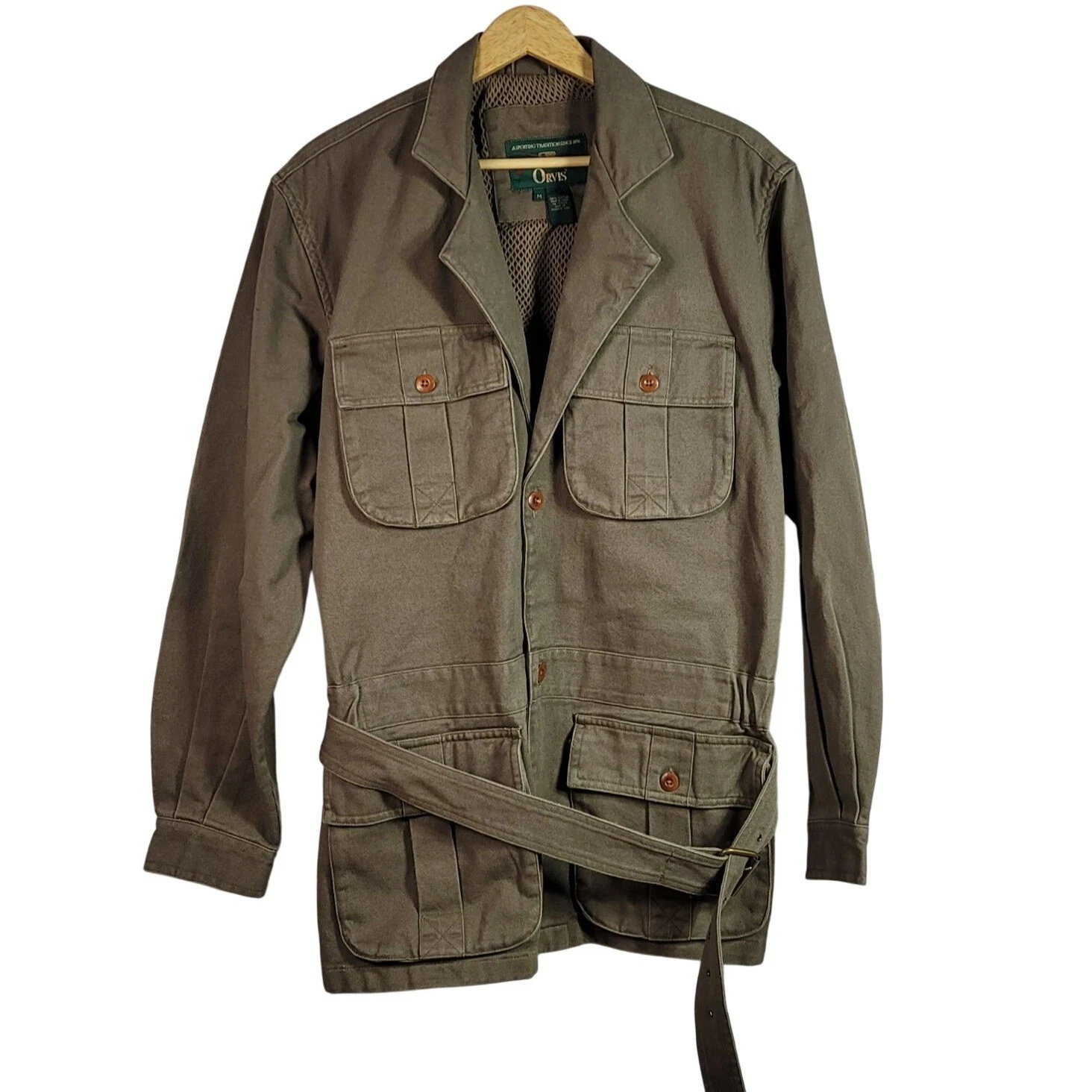 Orvis Mens Utility Jacket Coat Brown Medium Buttons Belt Button Pockets Canvas