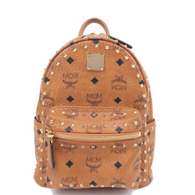 MCM Stark Visetos Leather Backpack Cognac Brown Gold Studded Authentic