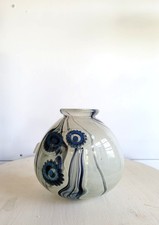 Art Glass Vase Blue White bulbous short heavy SIGNED