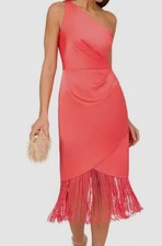 Adrianna by Adrianna Papell Women Orange Satin Fringe One-Shoulder Dress Size 12