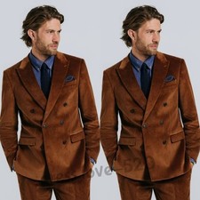 Brown Corduroy Men Suit Double Breasted Peak Lapel Formal Business Party Tuxedos