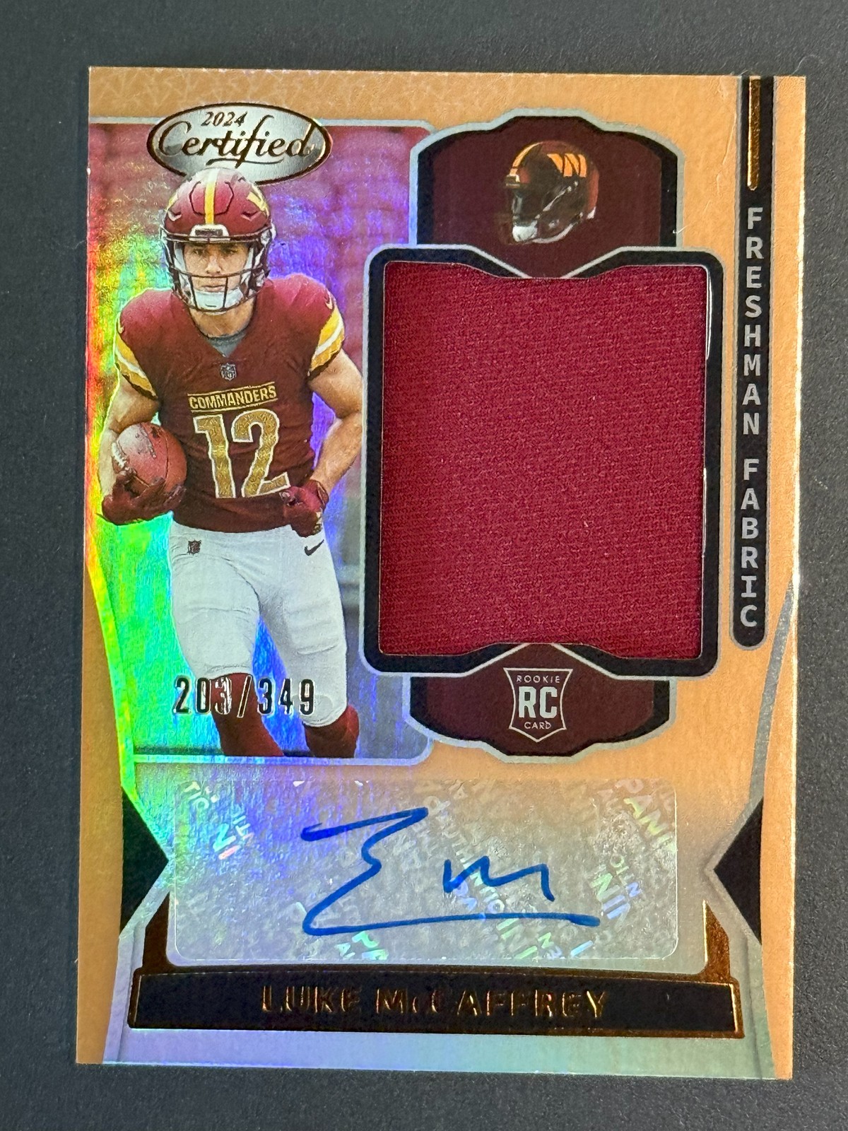 Luke McCaffrey 2024 Rookie Fabric Signature Bronze Card 349 Limited Edition