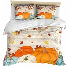Orange Pumpkins Fall Duvet Cover Size, Thanksgiving Farmhouse Queen Beige