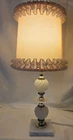 Vintage Opaline Glass Table Lamp White w/ Marble Base Pink Ruffled Shade