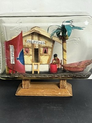 VTG Philippine Village Diorama in a Bottle w/ Bahay Kubo & 1  Shark Tooth Charm