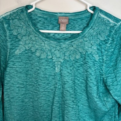 CHICO'S 3/4 Sleeve Embellished Neckline Womens M Teal Dyed Casual Cotton