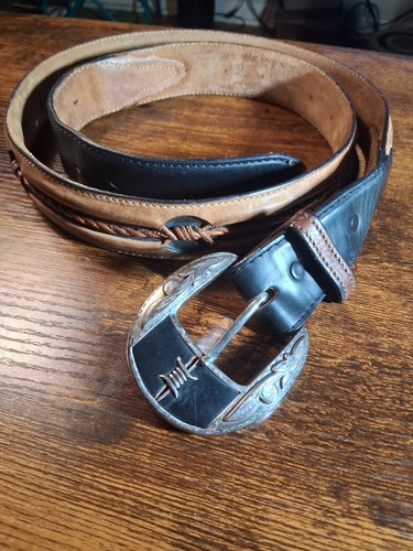 Justin Fenced In Barbed Wire Leather Western Belt Brown Silver Buckle Mens 42...