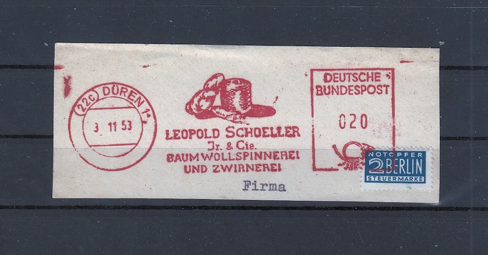 ZB40 Düren 22c seltener Absenderfreistempel von 1953 Firma Schoeller - Bild 1 von 1