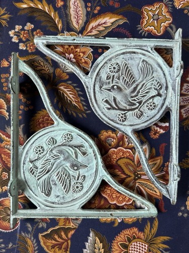 Vintage Cast Iron Bird Shelf Brackets Pair Aqua Distressed Farm Cottage Corbels