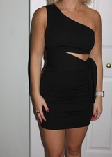 NWT Blue Blush Black Bodycon Dress, One Shoulder, Cut Out Waist, Belt, Size S