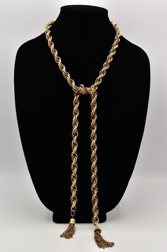 Vintage Tassel Chain Tie Wrap Necklace Antiqued Gold Heavy Chunky 1950s BinBL