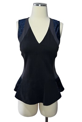 Aiko Kittles Sparkle-Trim Mosaic Black/Blue Colorblock Peplum Top Size L $245