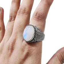 RAINBOW MOONSTONE JUNE BIRTH 925 STERLING SILVER OTTOMAN ARABIC HEAVY MANS RING