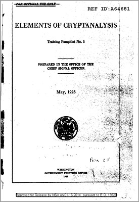 163 Page May 1923 Elements of Cryptanalysis Cipher Training Pamphlet No. 3 on CD