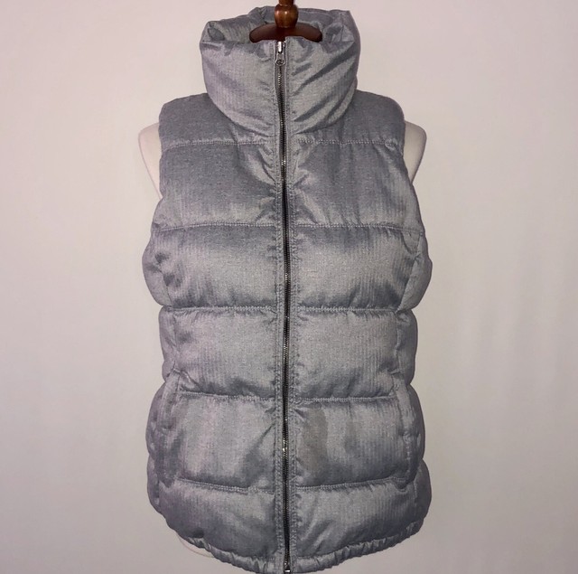 Old Navy Women's Puffer Vest Gray Herringbone Zip Up Fully Fleece Lined