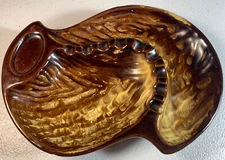 VALIANT 1960s ASHTRAY BRIWN WITH WOOD PATTERNS YELLOW GLAZE DECOR