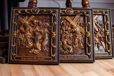 #ad Set of 14 Stations of the Cross way of sorrows wood religious carved icons $704.00