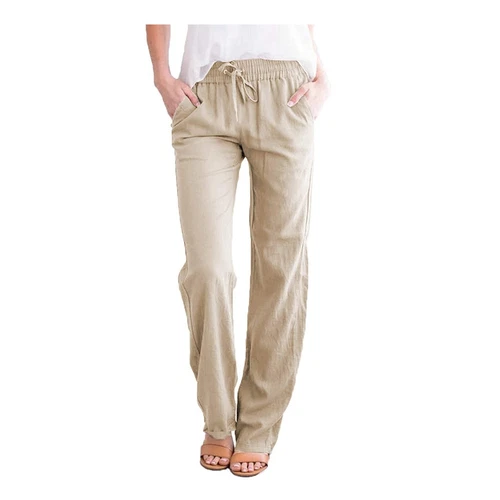 Damen Gerade Elastische Taille Hose Kordelzug Baumwolle Leinen Freizeit Lockere Hose - Bild 32 von 43