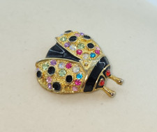 Vtg Unbranded Gold Tone Ladybug Brooch Pin Multicolor Rhinestone/Black Enamel